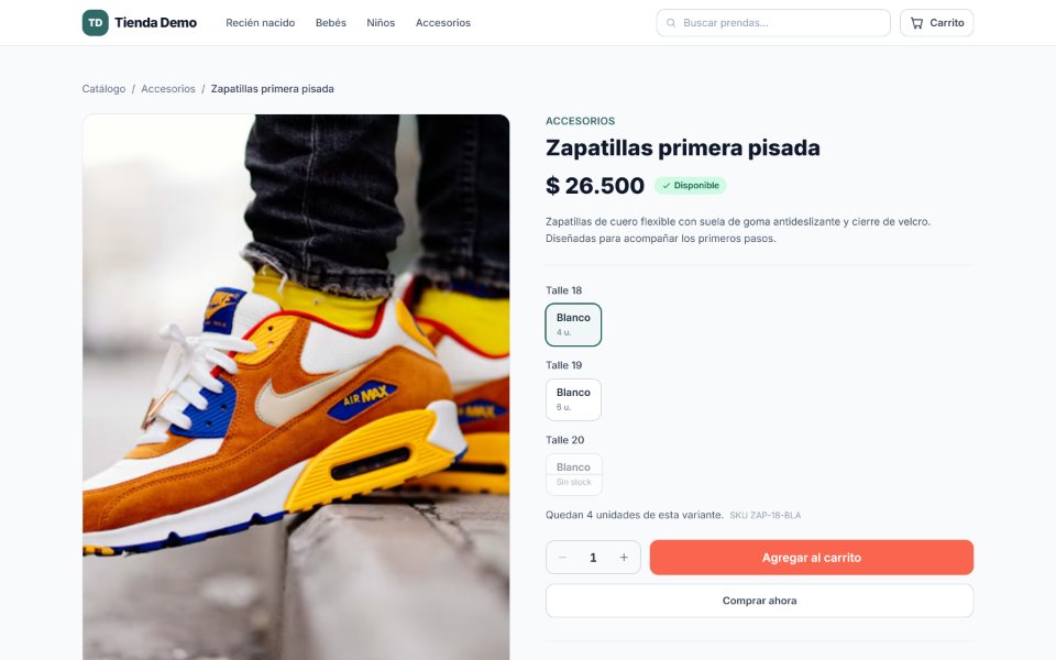 Ficha de producto con talle, color y stock por variante: el talle 20 figura sin stock