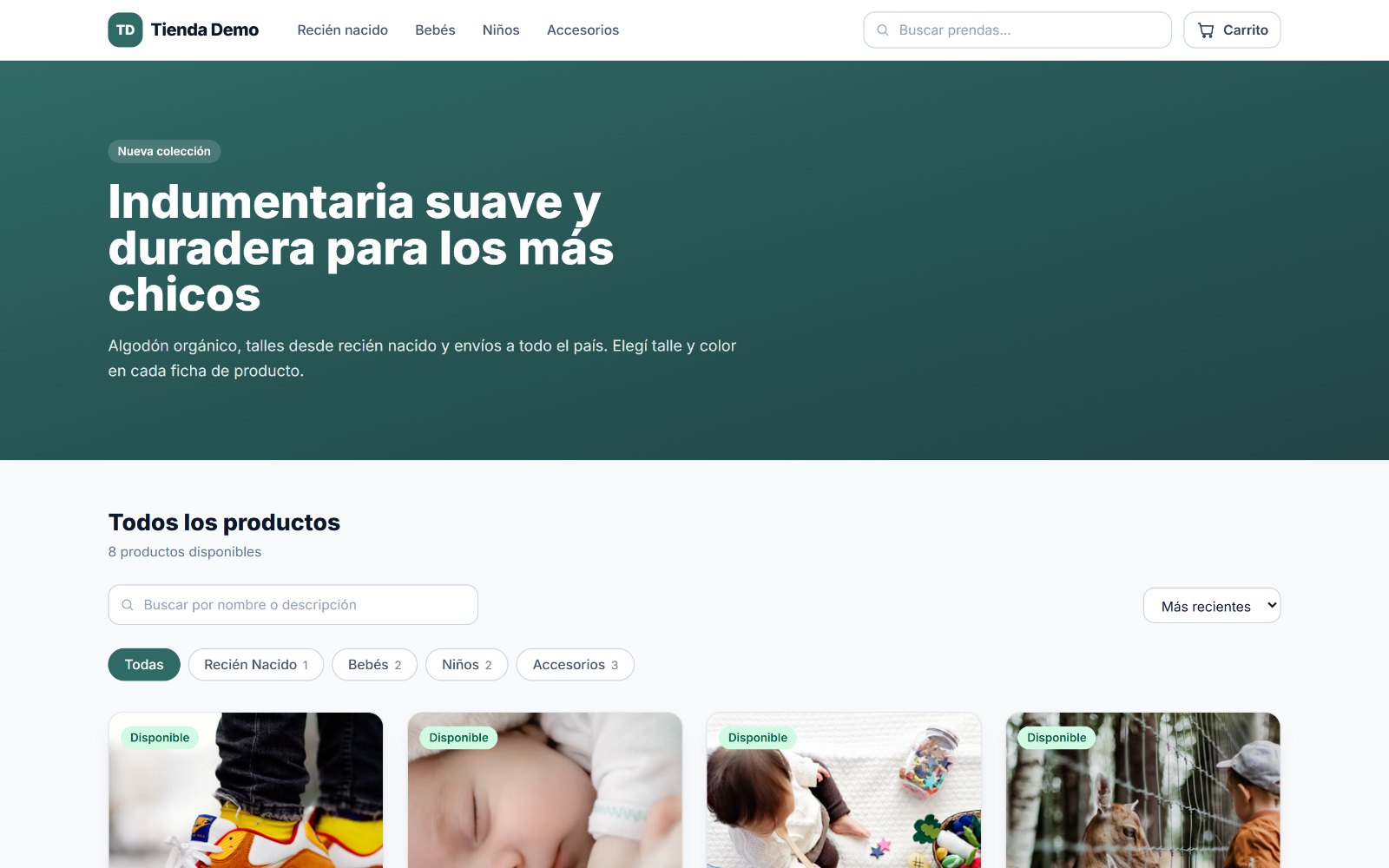 Tienda online de ejemplo: catálogo de indumentaria para bebés y niños con filtros por categoría, buscador y precios